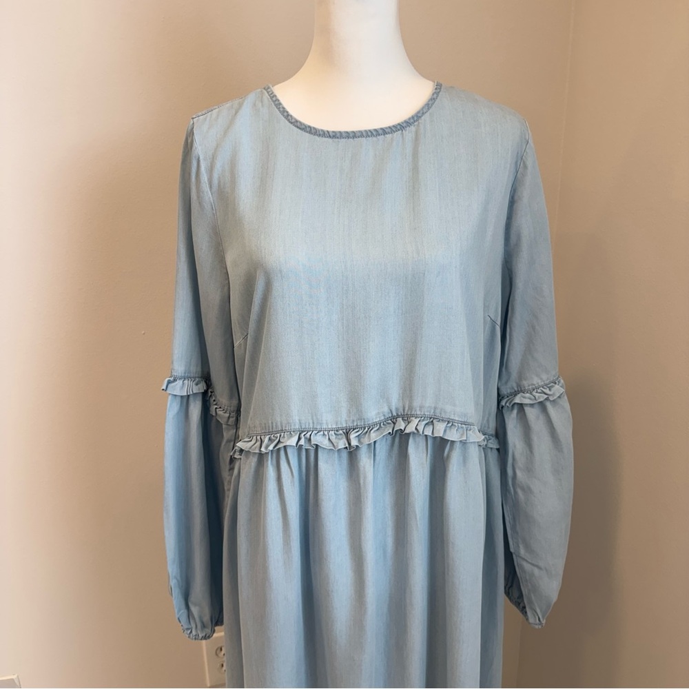 ASOS Light Blue Midi Dress with Long Puff Sleeves Size 12 - Picture 3 of 9